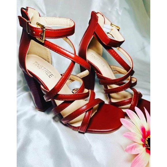 Burgendy Women's Size 6 Chunky High Heels, Open Toe Ankle Buckle Strap Sandals, - Picture 3 of 5